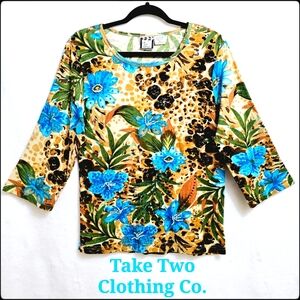 Botanical Knit Top with Beaded Accents by Take Two, 100% Cotton, Size XL
